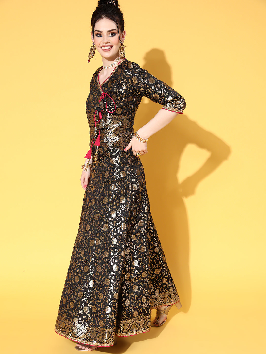 Black Banarasi Brocade Angrakha Anarkali Gown & Contrast tassels