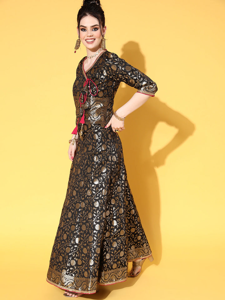 Black Banarasi Brocade Angrakha Anarkali Gown & Contrast tassels