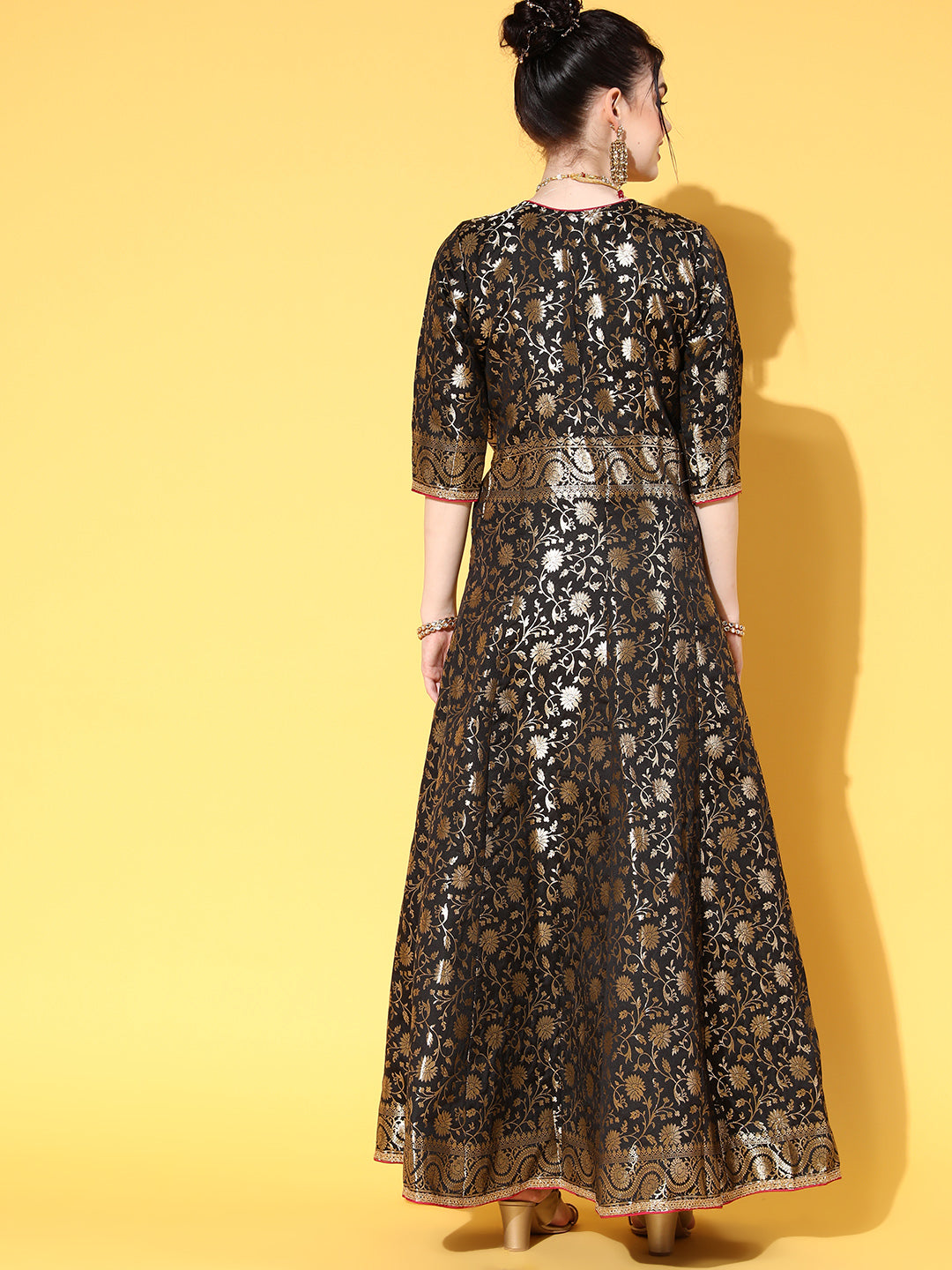 Black Banarasi Brocade Angrakha Anarkali Gown & Contrast tassels
