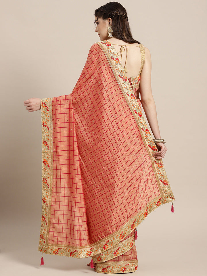 Embellished Crepe Checked Saree with Zari Resham Embroidery