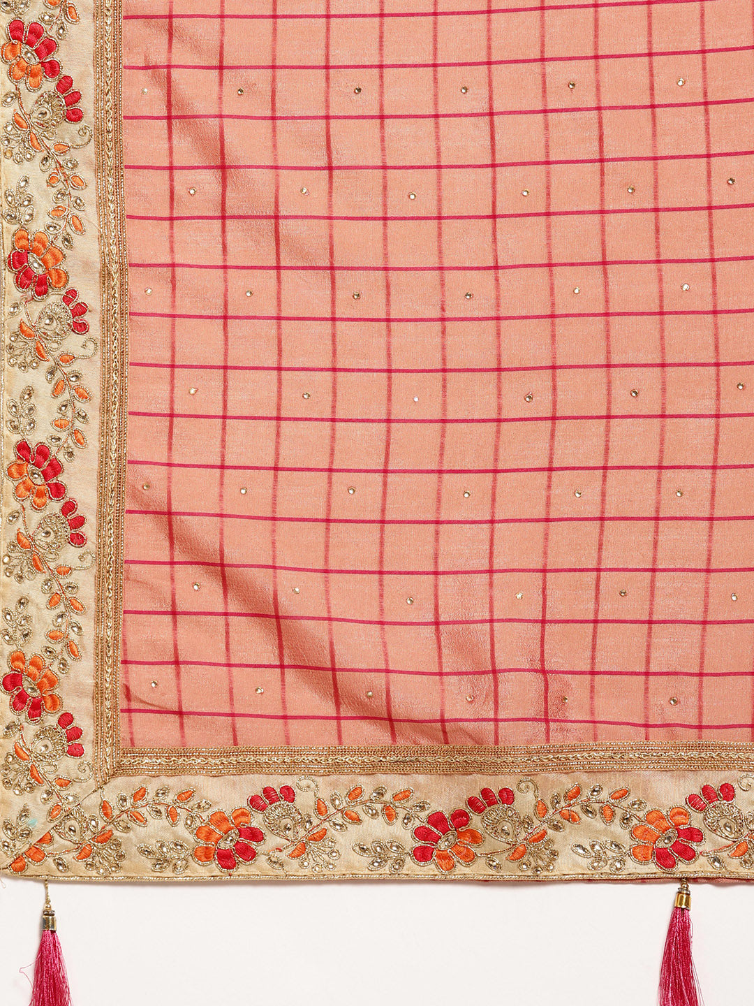 Embellished Crepe Checked Saree with Zari Resham Embroidery