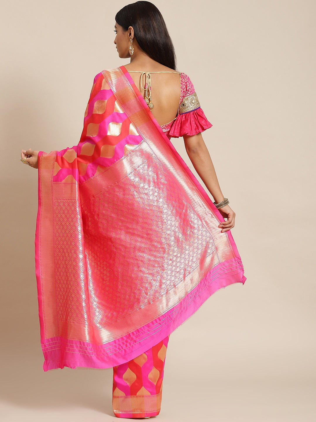 Pink & Orange Geometrical Pattern Banarasi Saree with Color Blocking