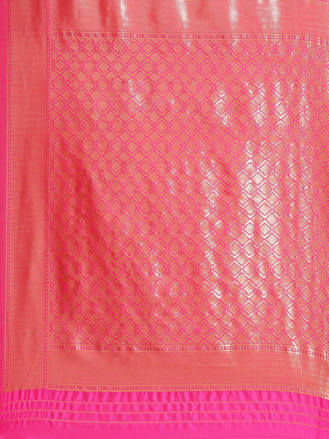 Pink & Orange Geometrical Pattern Banarasi Saree with Color Blocking