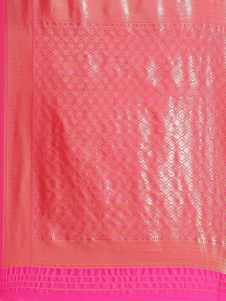 Pink & Orange Geometrical Pattern Banarasi Saree with Color Blocking