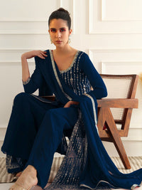 Chhabra 555 Cobalt Blue High Slit Georgette Kurta Set with Zari Vertical Embroidery & Flared Palazzo