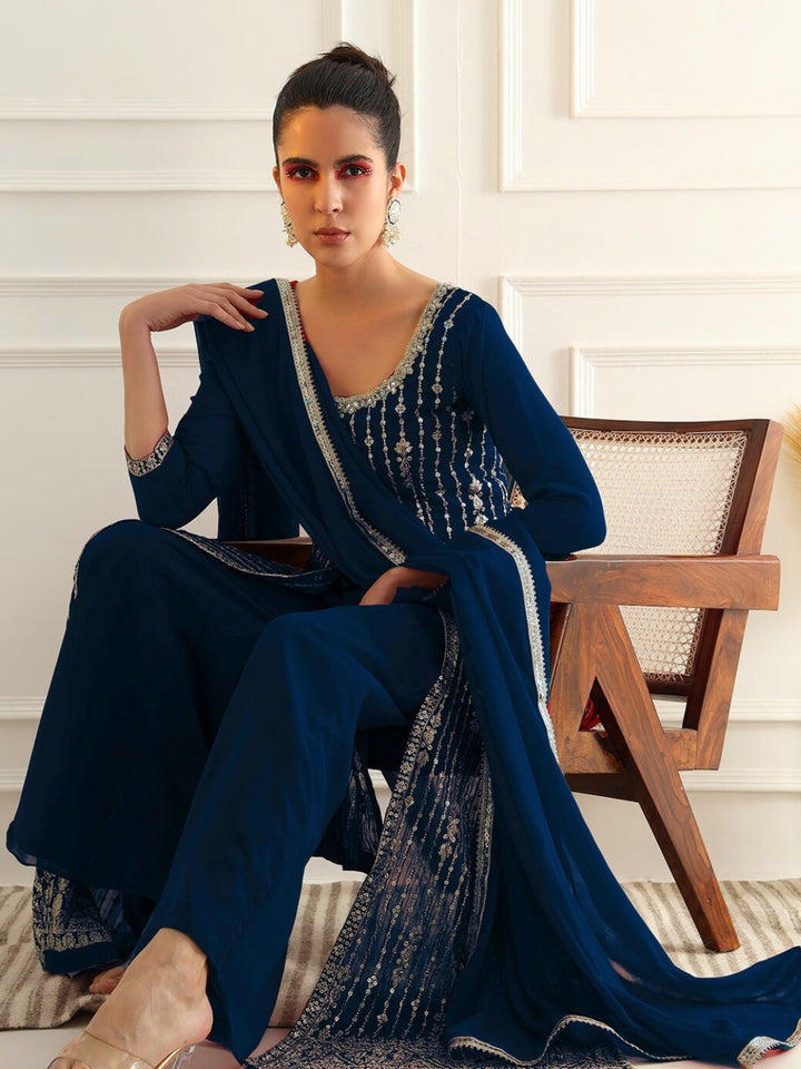 Chhabra 555 Cobalt Blue High Slit Georgette Kurta Set with Zari Vertical Embroidery & Flared Palazzo