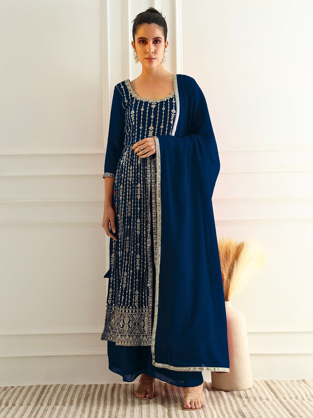 Cobalt Blue High Slit Georgette Kurta Set with Zari Vertical Embroidery & Flared Palazzo