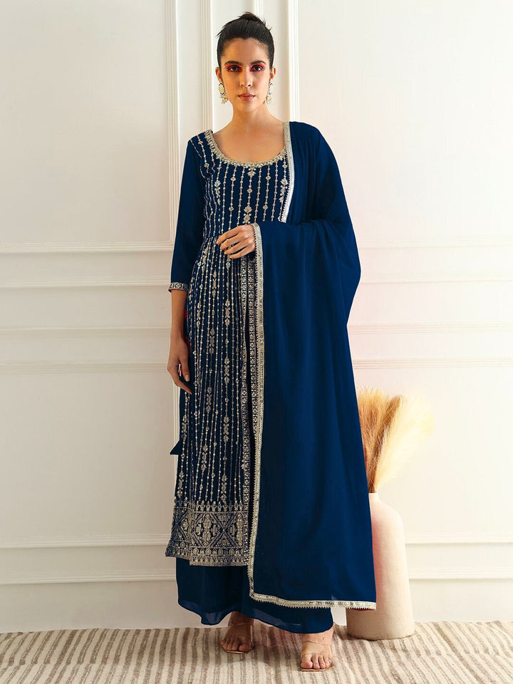 Cobalt Blue High Slit Georgette Kurta Set with Zari Vertical Embroidery & Flared Palazzo
