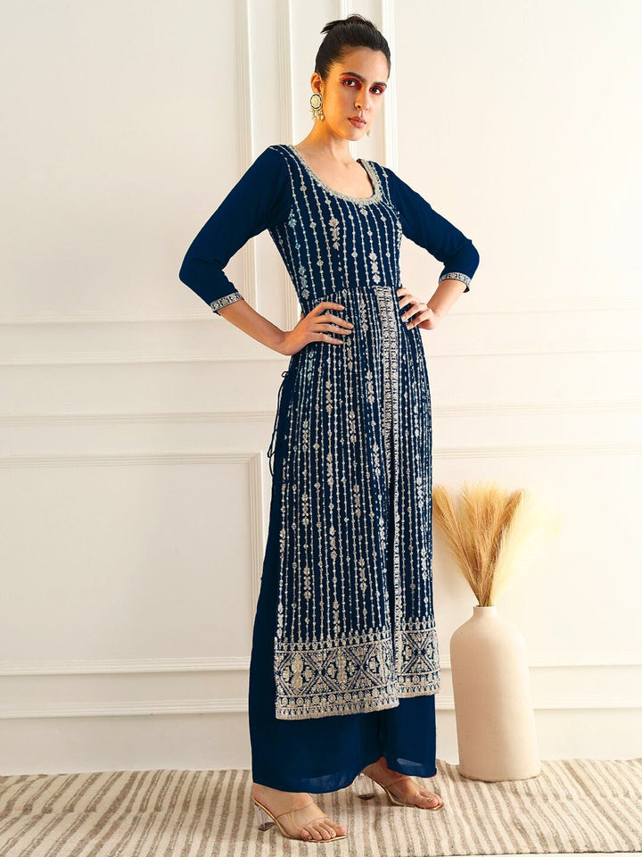 Cobalt Blue High Slit Georgette Kurta Set with Zari Vertical Embroidery & Flared Palazzo
