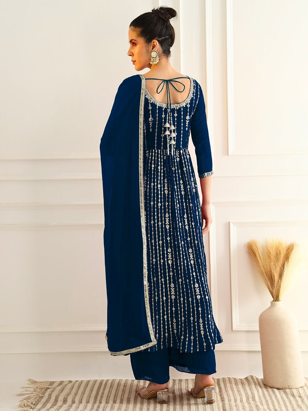 Cobalt Blue High Slit Georgette Kurta Set with Zari Vertical Embroidery & Flared Palazzo