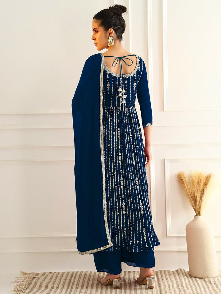 Cobalt Blue High Slit Georgette Kurta Set with Zari Vertical Embroidery & Flared Palazzo
