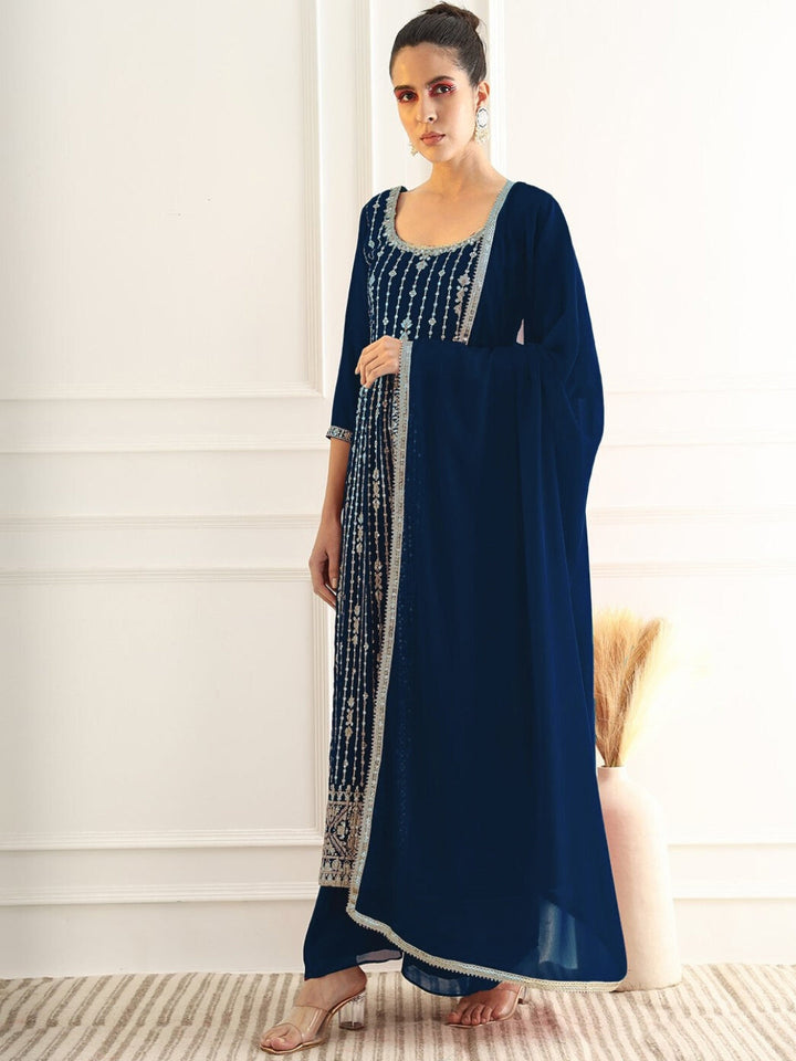 Cobalt Blue High Slit Georgette Kurta Set with Zari Vertical Embroidery & Flared Palazzo