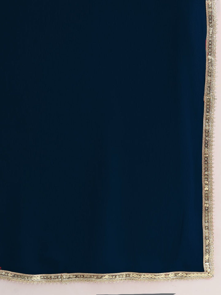 Cobalt Blue High Slit Georgette Kurta Set with Zari Vertical Embroidery & Flared Palazzo