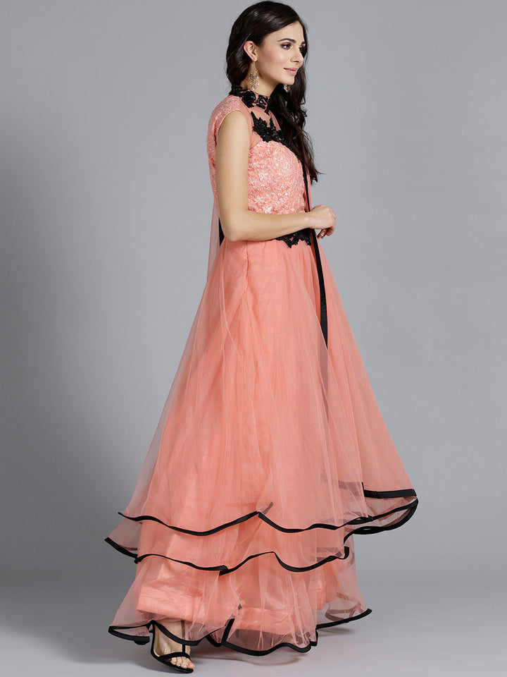 Contrast Black Embroidery Gown with Layered Hemline