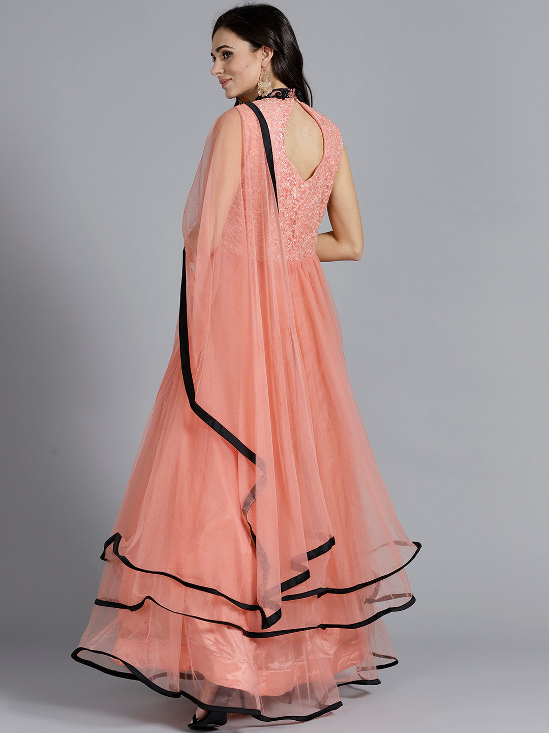 Contrast Black Embroidery Gown with Layered Hemline