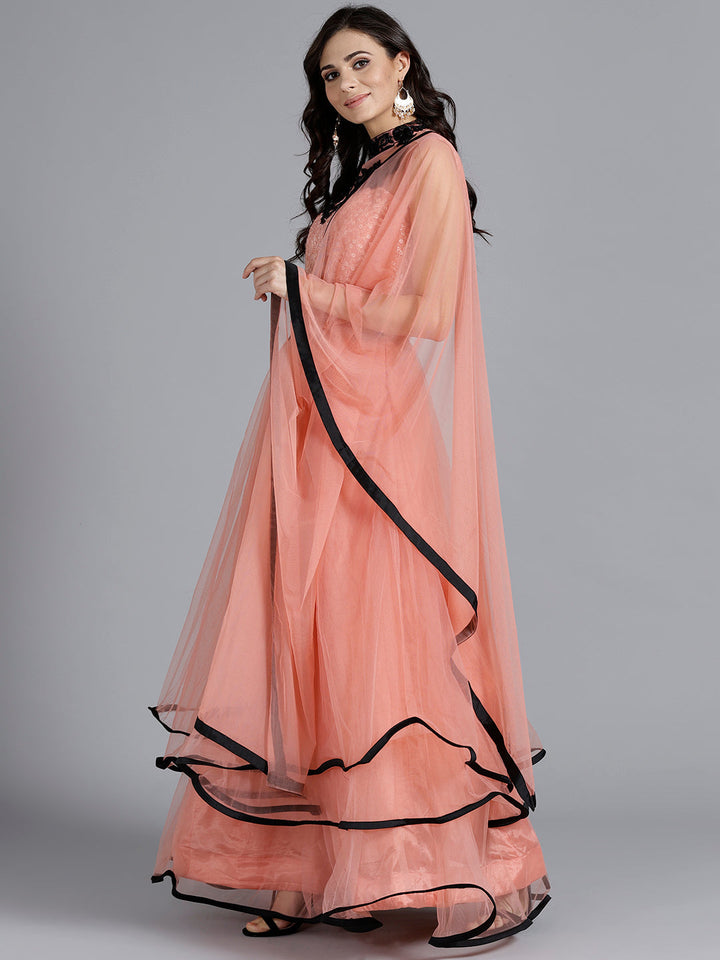 Contrast Black Embroidery Gown with Layered Hemline