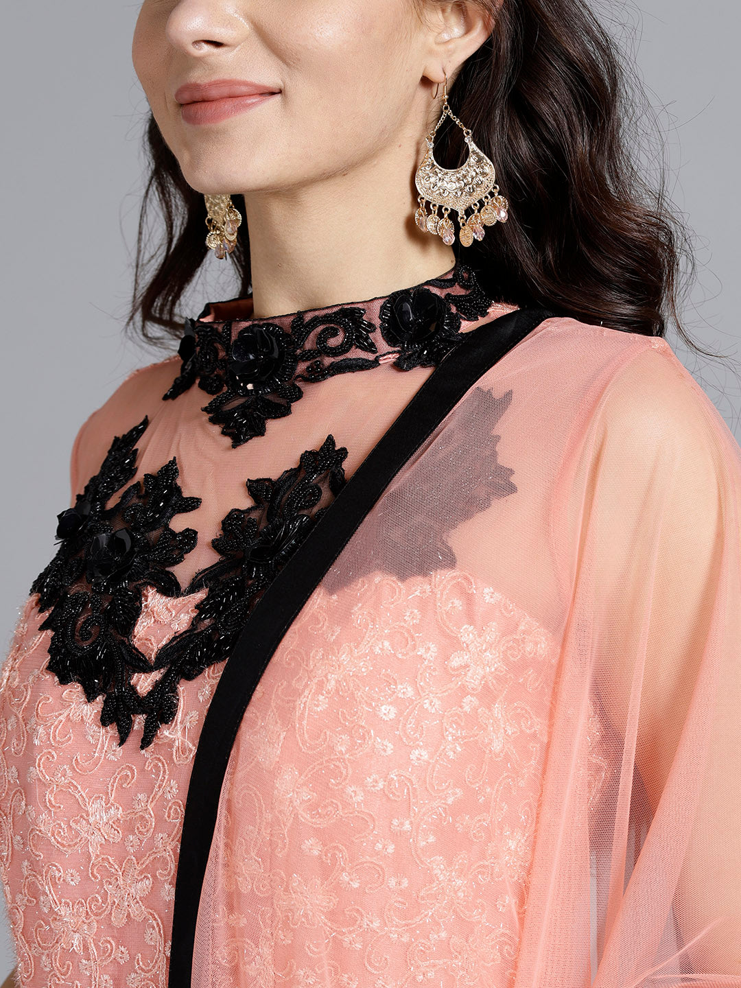 Contrast Black Embroidery Gown with Layered Hemline