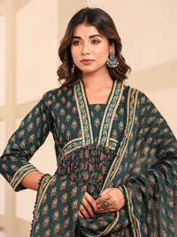 Chhabra 555 Bagru Block Print Alia Style Anarkali Kurta Set with Fringed Dupatta & Floral Motifs