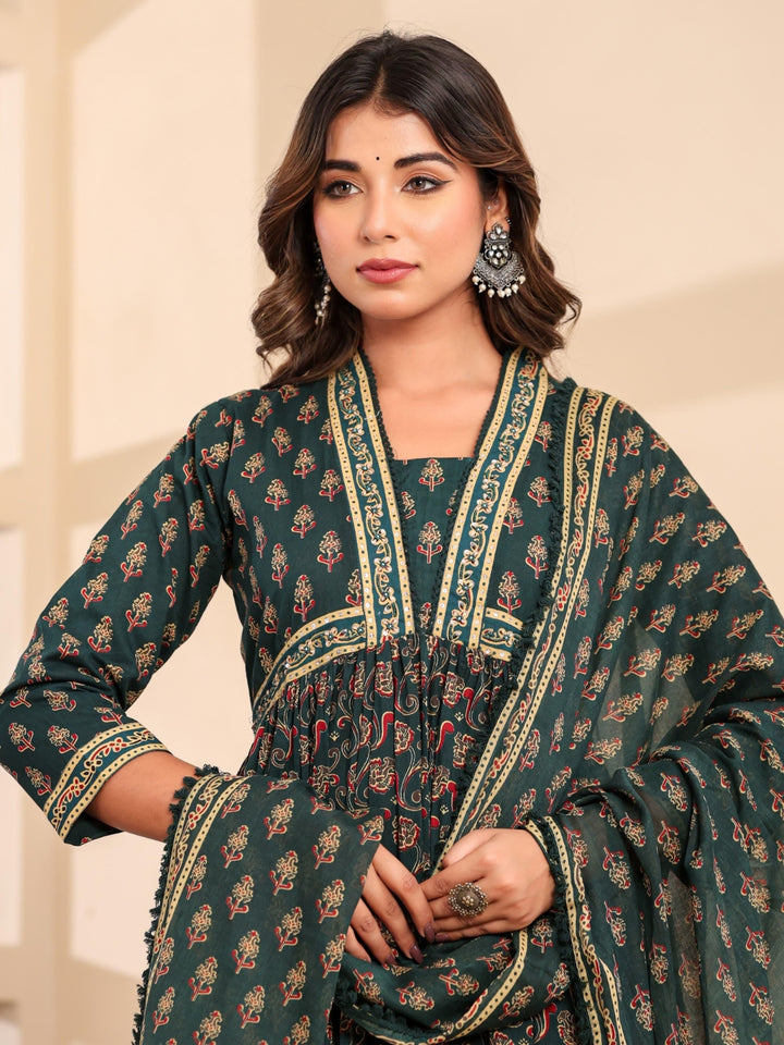 Chhabra 555 Bagru Block Print Alia Style Anarkali Kurta Set with Fringed Dupatta & Floral Motifs