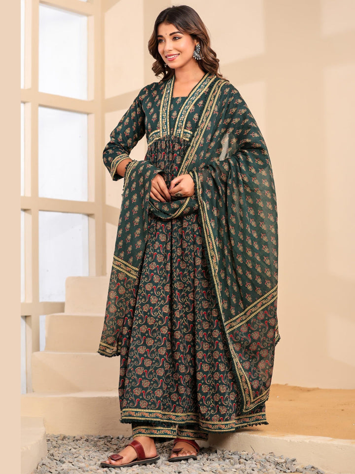 Bagru Block Print Alia Style Anarkali Kurta Set with Fringed Dupatta & Floral Motifs