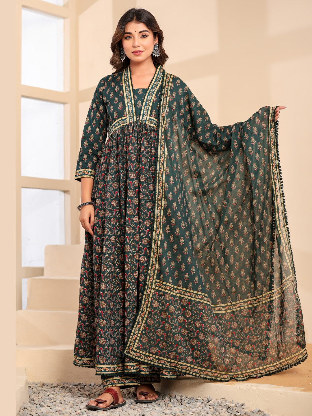 Bagru Block Print Alia Style Anarkali Kurta Set with Fringed Dupatta & Floral Motifs