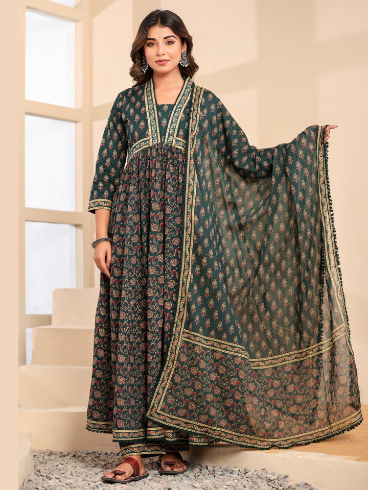 Bagru Block Print Alia Style Anarkali Kurta Set with Fringed Dupatta & Floral Motifs