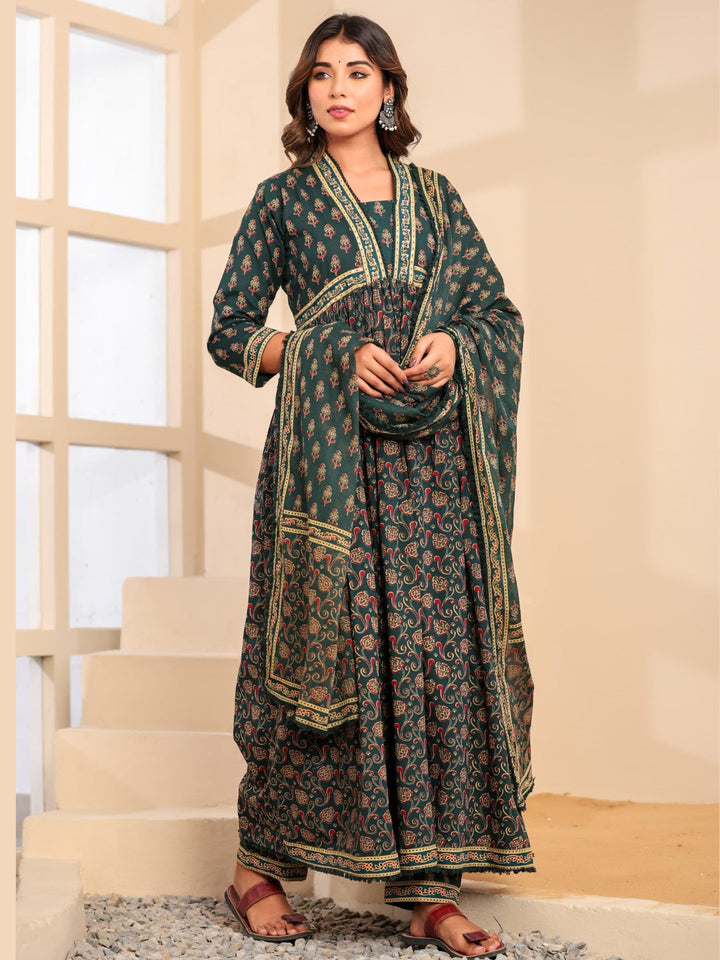 Bagru Block Print Alia Style Anarkali Kurta Set with Fringed Dupatta & Floral Motifs