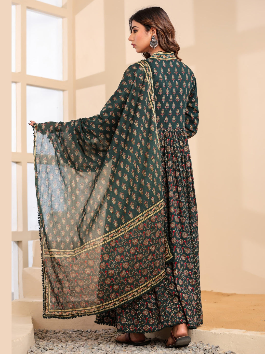 Bagru Block Print Alia Style Anarkali Kurta Set with Fringed Dupatta & Floral Motifs