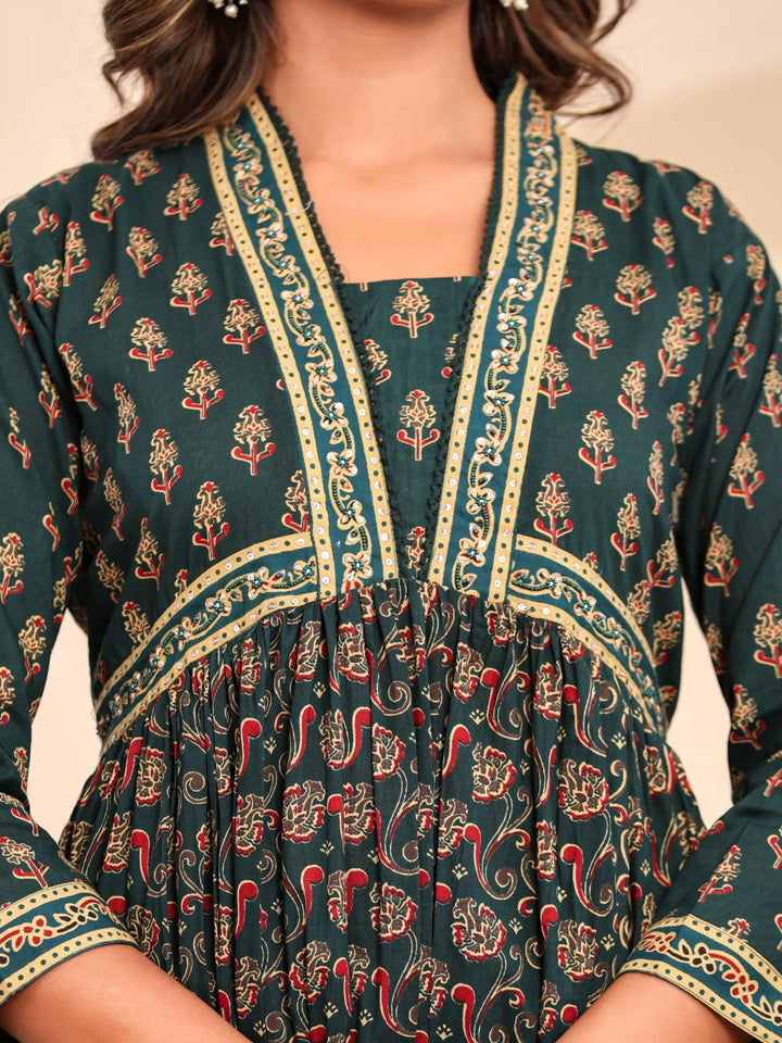 Bagru Block Print Alia Style Anarkali Kurta Set with Fringed Dupatta & Floral Motifs