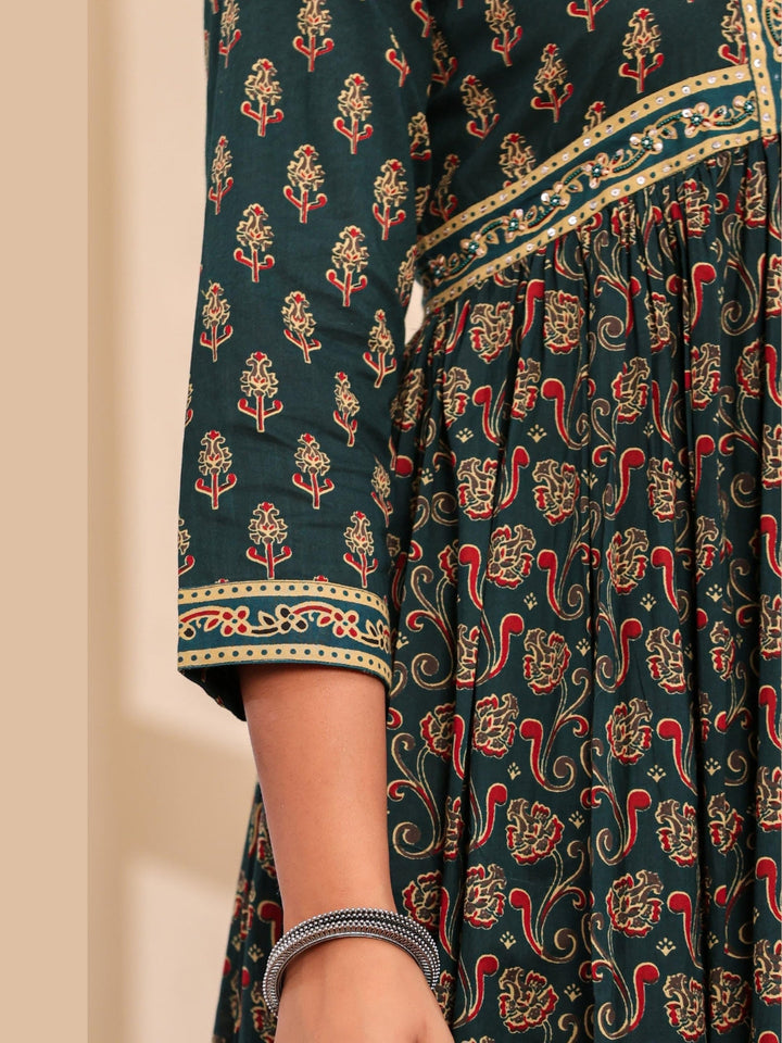 Bagru Block Print Alia Style Anarkali Kurta Set with Fringed Dupatta & Floral Motifs