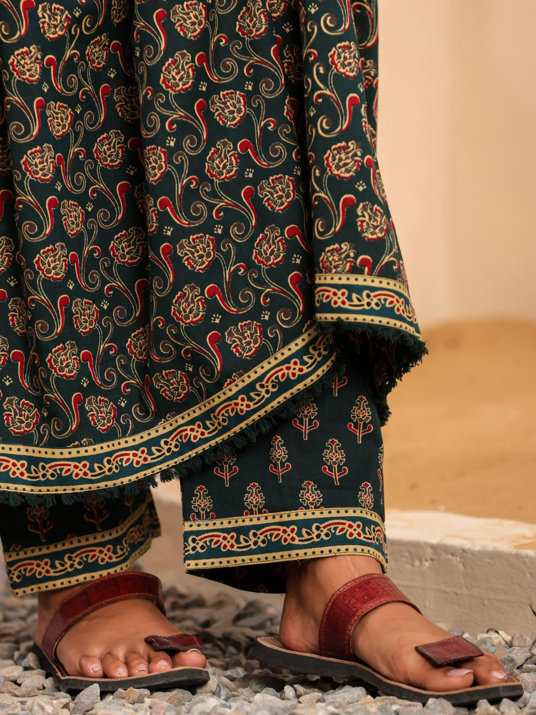 Bagru Block Print Alia Style Anarkali Kurta Set with Fringed Dupatta & Floral Motifs