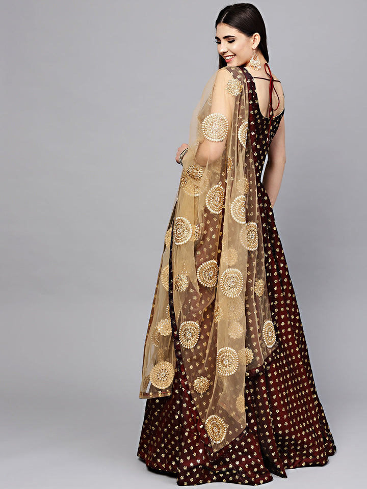 Foil Print Gown with Pearl Embroidered Dupatta