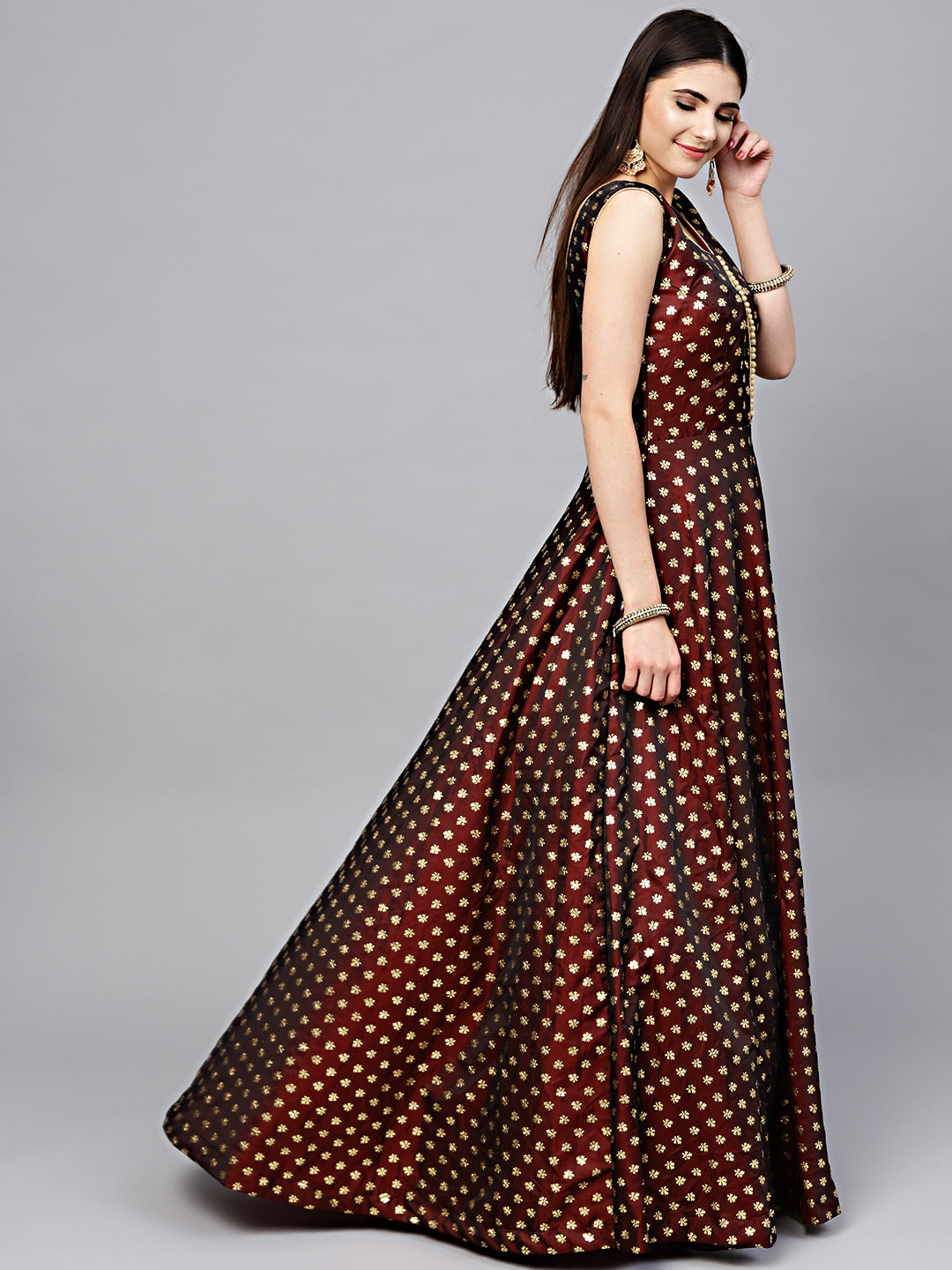 Foil Print Gown with Pearl Embroidered Dupatta