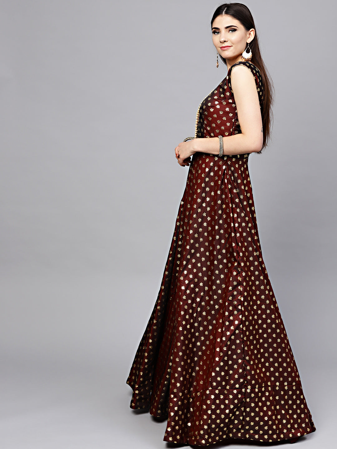 Foil Print Gown with Pearl Embroidered Dupatta