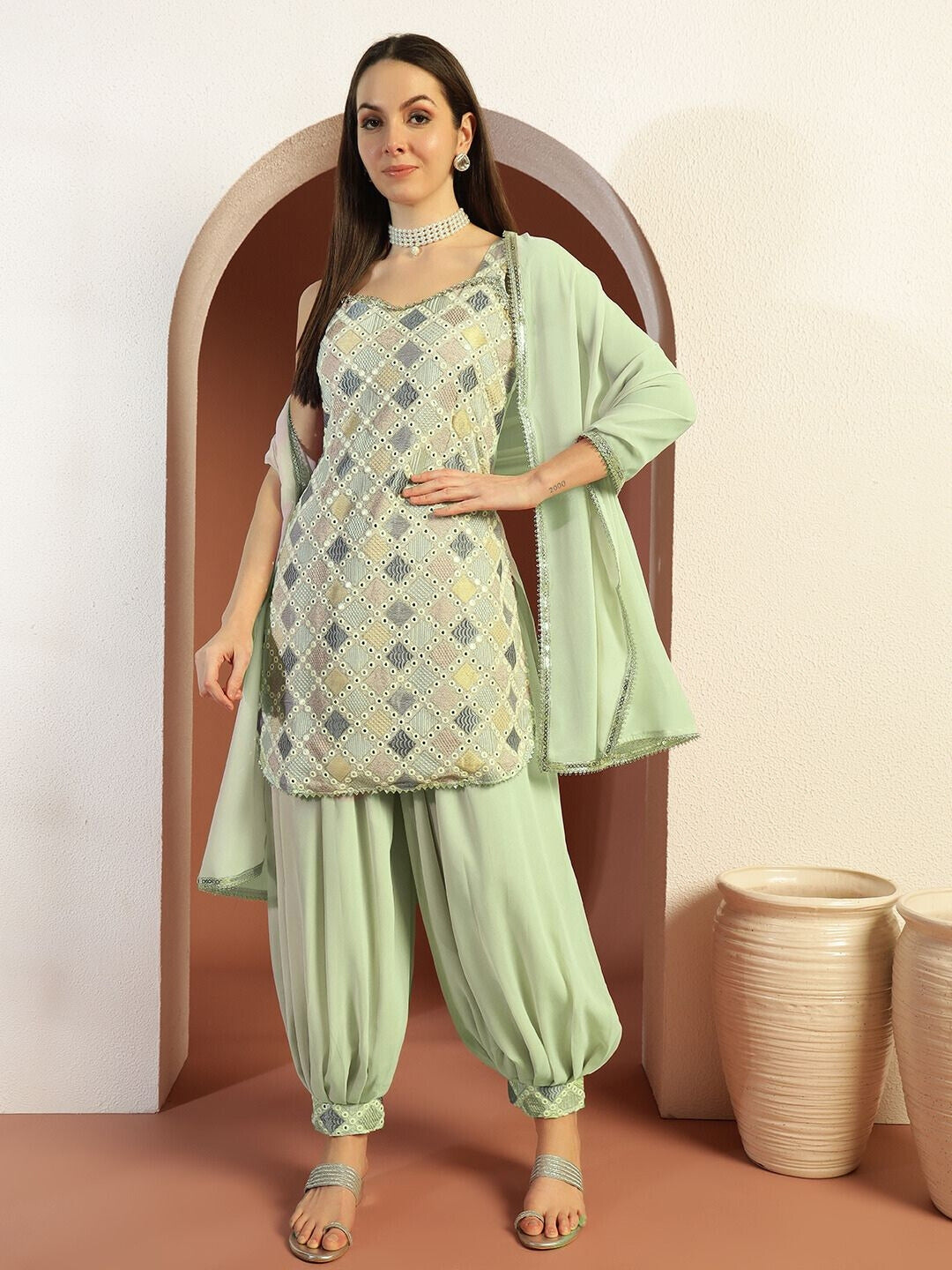 Kantha Thread Embroidered Kurta Set with Mirror Embellishments & Afghani Salwar