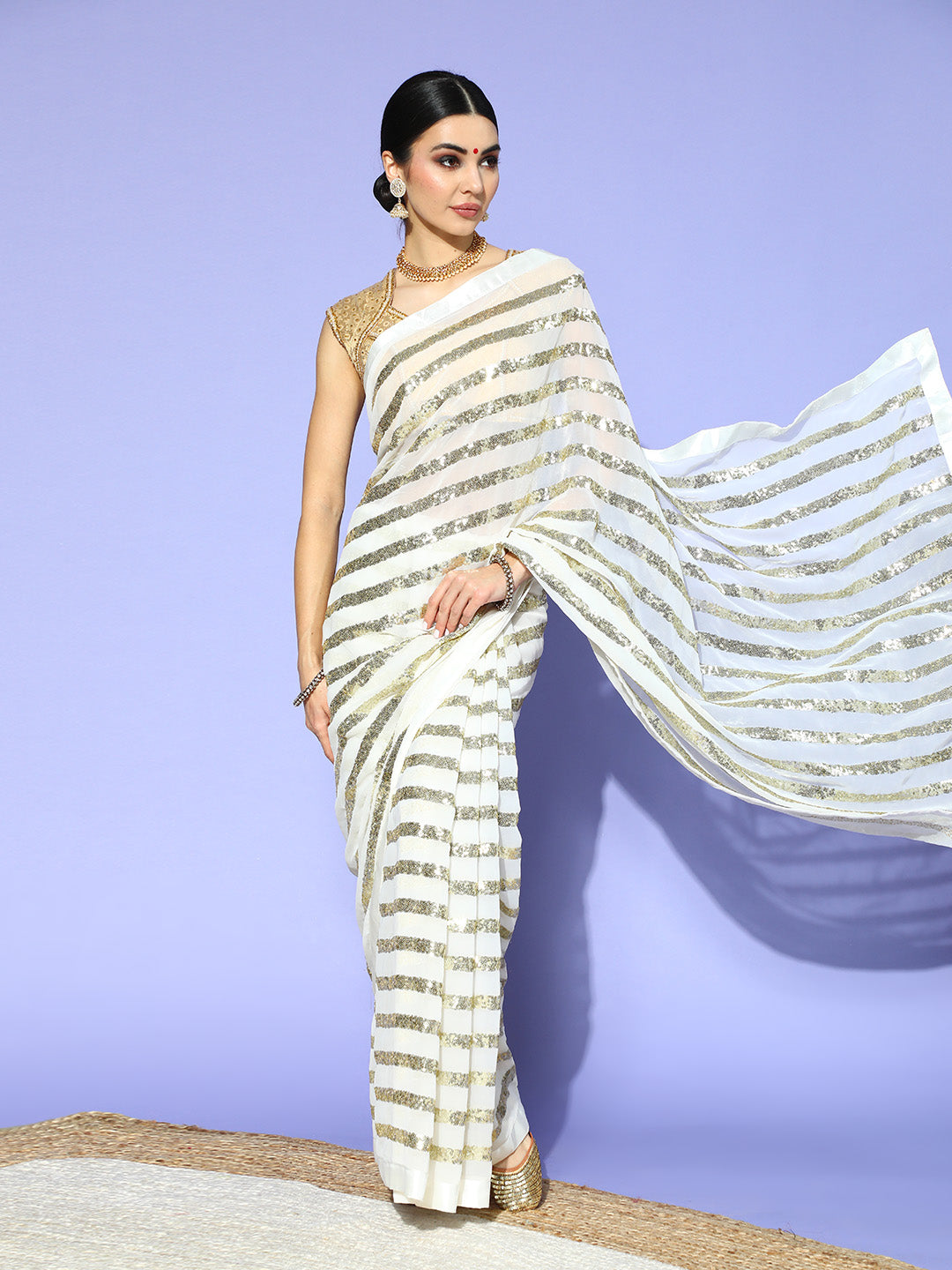 White Designer Georgette Cocktail Saree with Sequin Bling Embroidery