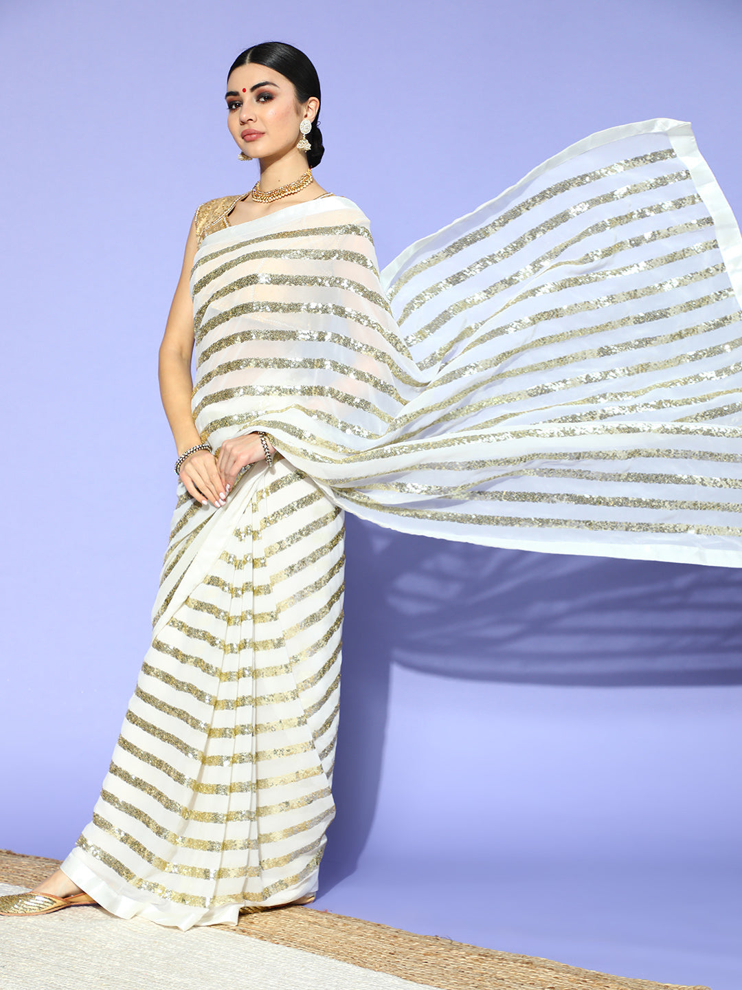 White Designer Georgette Cocktail Saree with Sequin Bling Embroidery