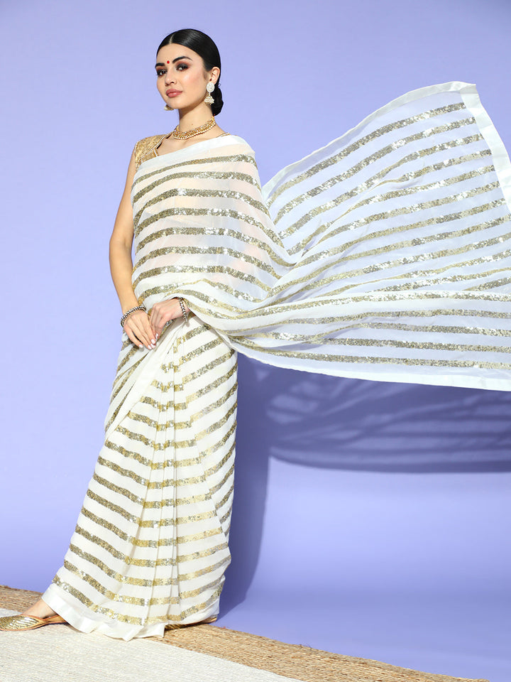 White Designer Georgette Cocktail Saree with Sequin Bling Embroidery
