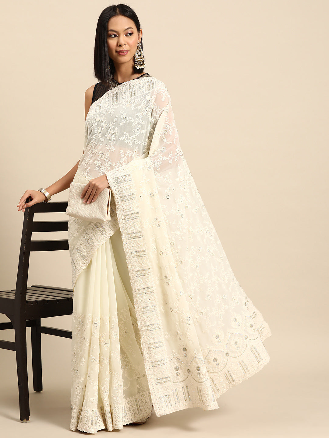 Cream Thread Chicken Embroidered With Stone Embellish Georgette Saree