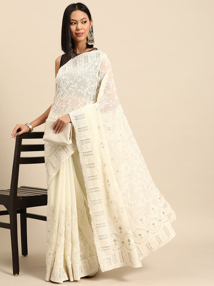 Cream Thread Chicken Embroidered With Stone Embellish Georgette Saree