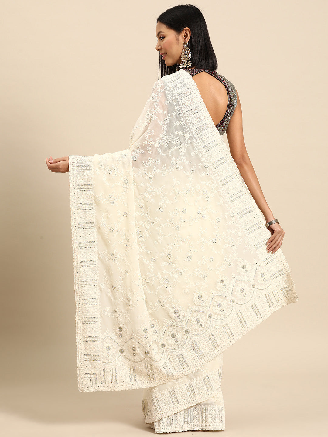 Cream Thread Chicken Embroidered With Stone Embellish Georgette Saree