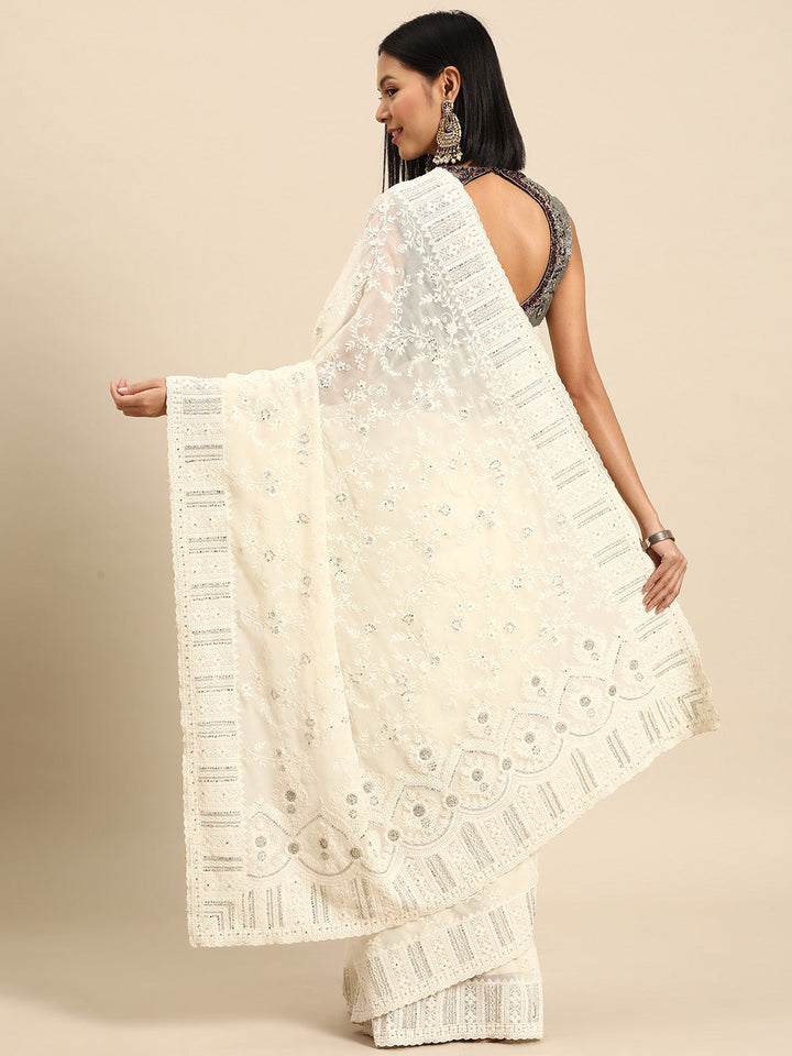 Cream Thread Chicken Embroidered With Stone Embellish Georgette Saree