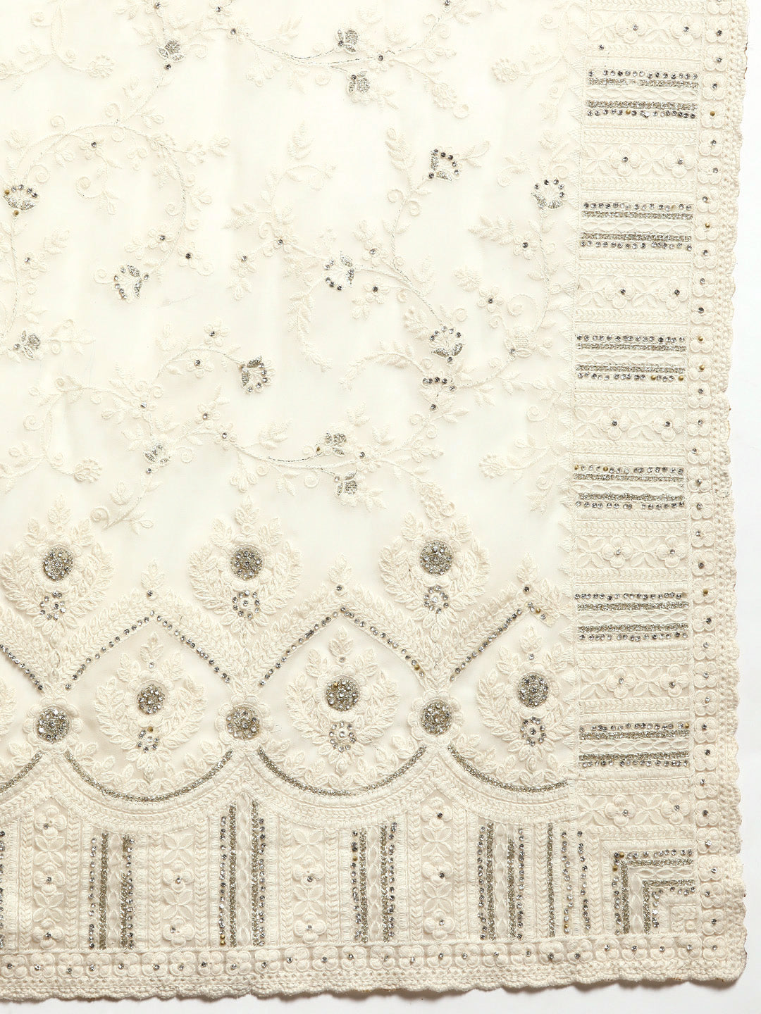 Cream Thread Chicken Embroidered With Stone Embellish Georgette Saree