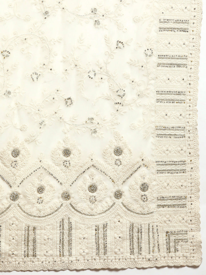 Cream Thread Chicken Embroidered With Stone Embellish Georgette Saree