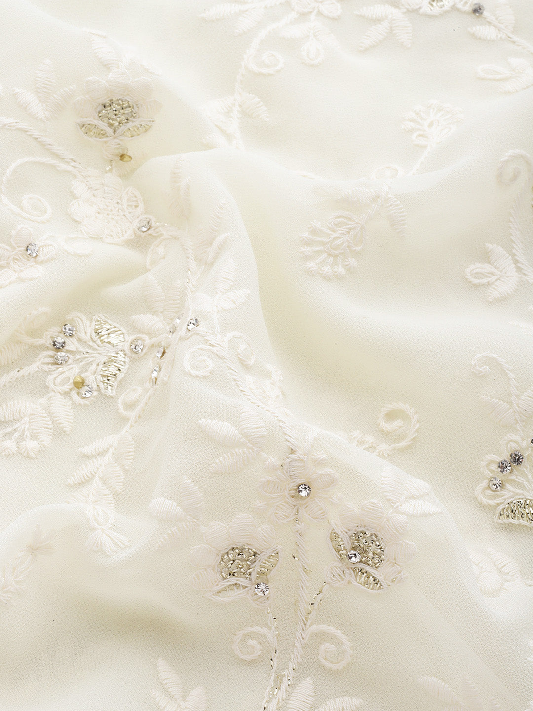 Cream Thread Chicken Embroidered With Stone Embellish Georgette Saree