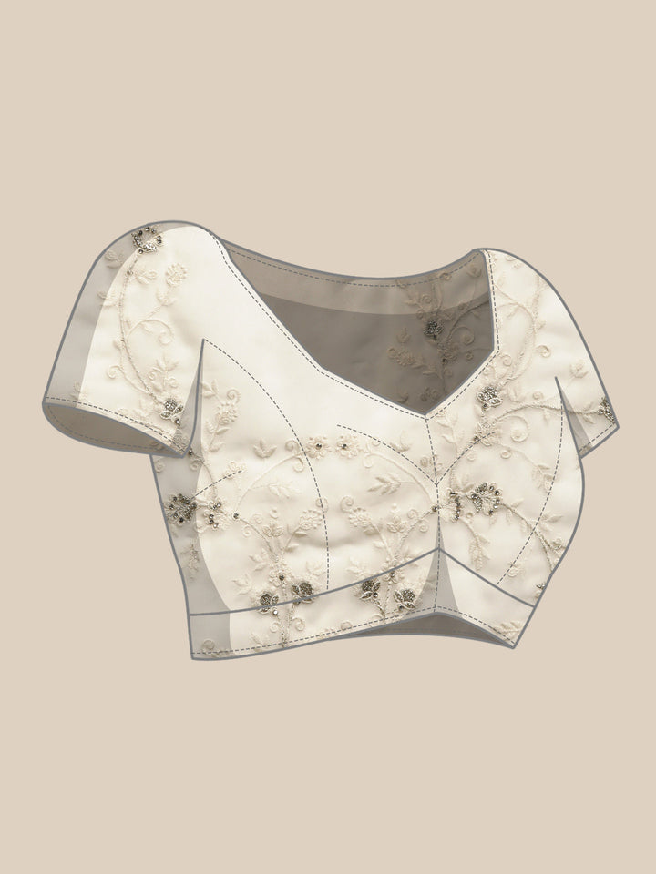 Cream Thread Chicken Embroidered With Stone Embellish Georgette Saree
