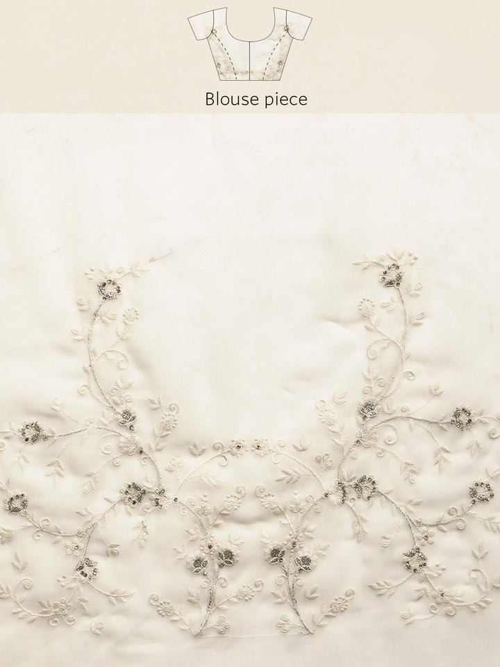 Cream Thread Chicken Embroidered With Stone Embellish Georgette Saree