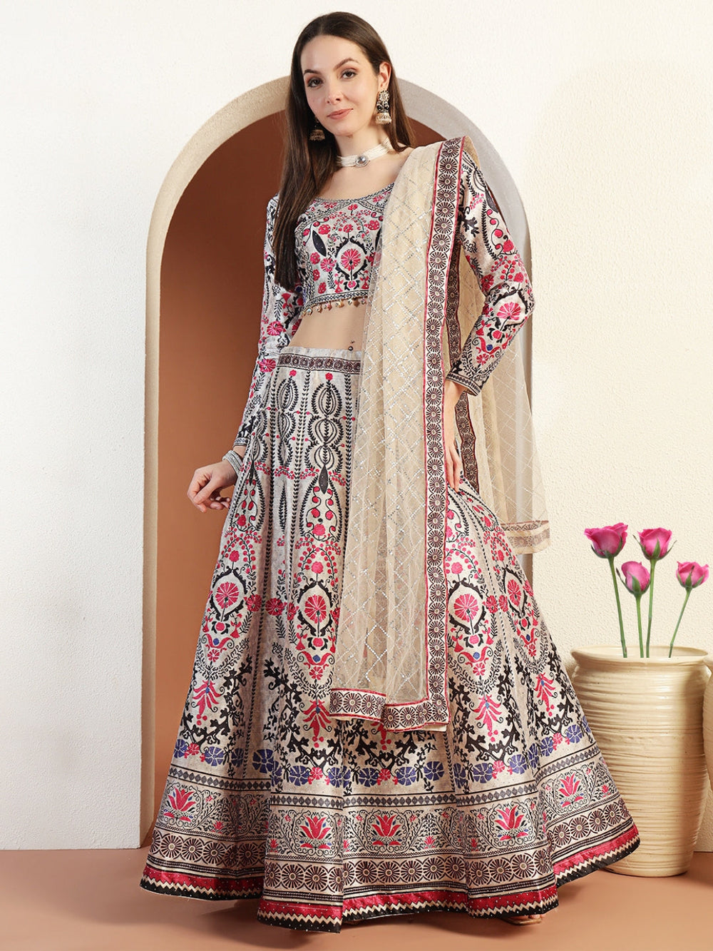 Chhabra 555 Digital Printed Kalidar Lehenga Set with Crystal Embellishments & Colorful Tassels