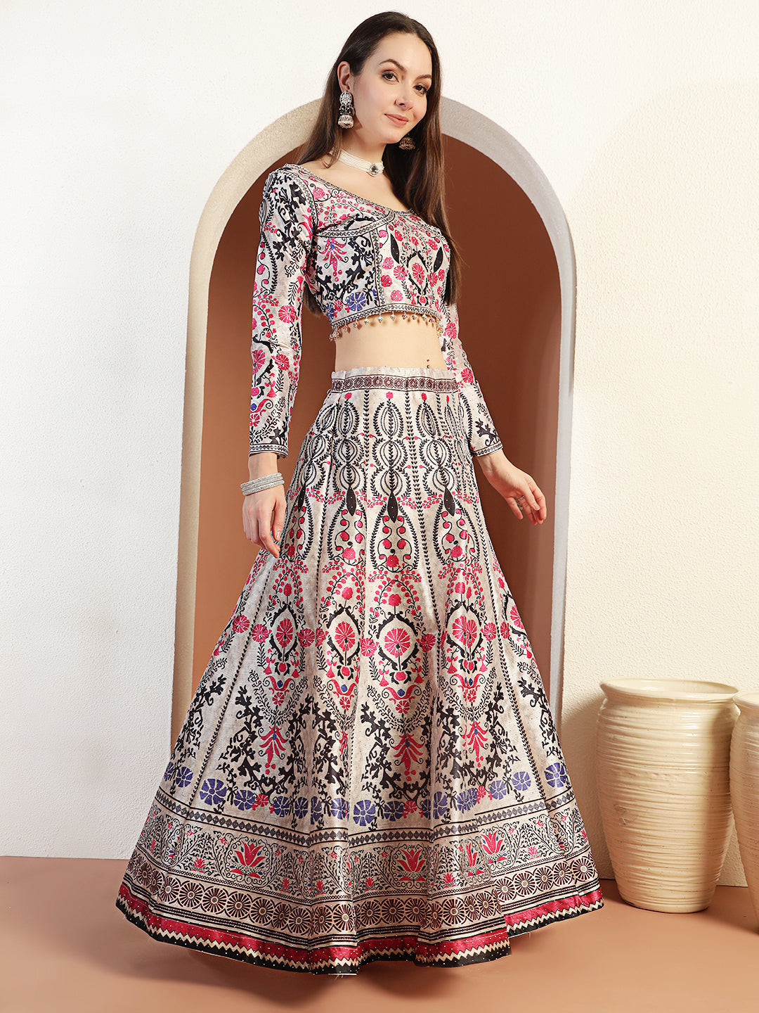 Chhabra 555 Digital Printed Kalidar Lehenga Set with Crystal Embellishments & Colorful Tassels