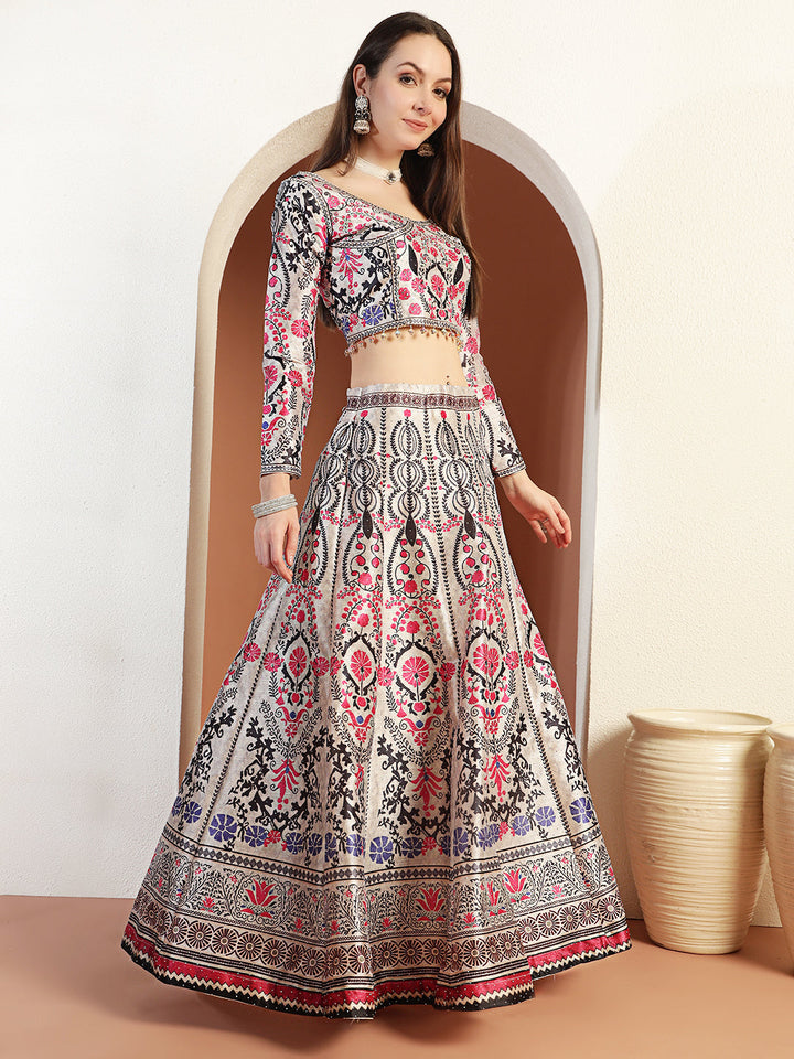 Chhabra 555 Digital Printed Kalidar Lehenga Set with Crystal Embellishments & Colorful Tassels
